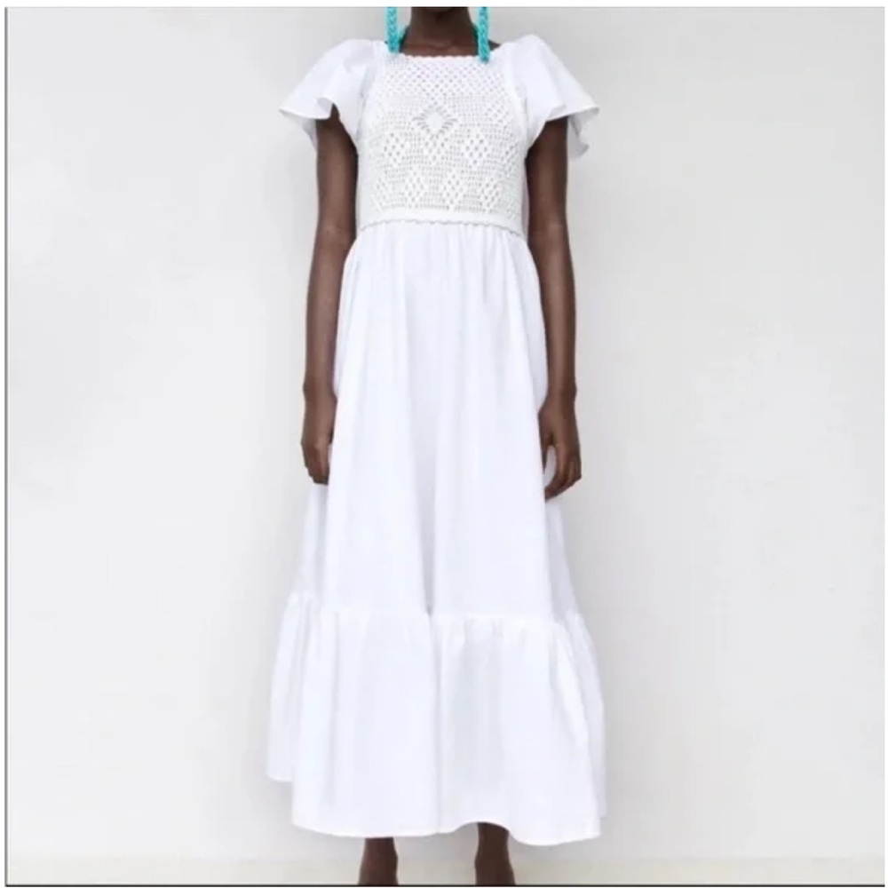 Zara White Crochet Boho Midi Dress